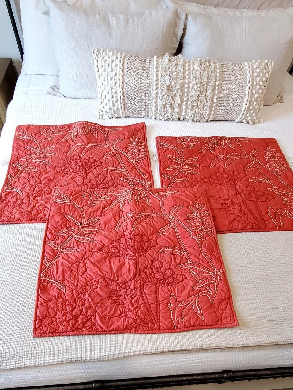 3 Pottery Barn Brick/Tan Organic Cotton Crewel Leaf Botanical Quilted Euro Shams